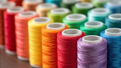 A colorful display of thread spools, showcasing a vibrant spectrum of hues for sewing projects.