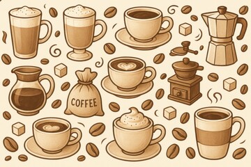 Obraz premium Simple Coffee Pattern Art for Cozy Cafes and Modern Interiors