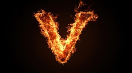 Fototapeta premium Fiery letter V, dark background, alphabet fire, design element