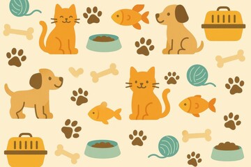 Obraz premium Colorful Pet Pattern Illustration with Dogs, Cats, and Fish Designs