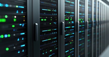 Naklejka premium Futuristic Data Center with Bright LED Lights on Server Racks