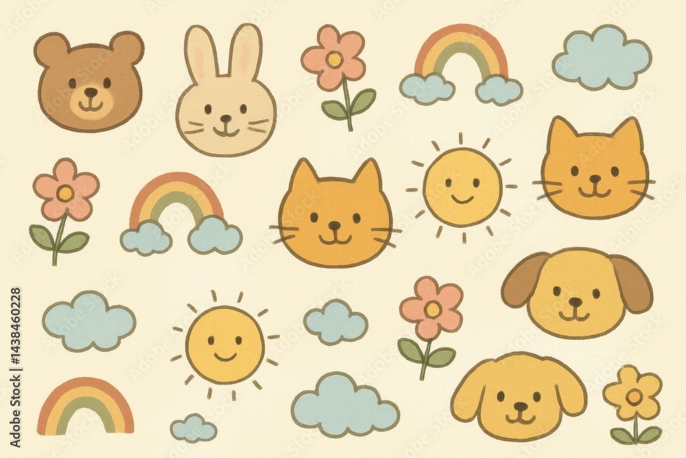 Poster cute pattern design with simple animals and nature elements