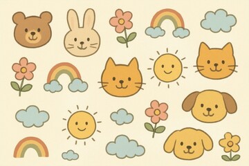 Obraz premium Cute Pattern Design with Simple Animals and Nature Elements