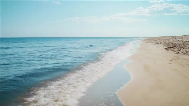 Serene of a beach with gentle waves near the shoreline, under an open sky. Ideal for travel ry or calming backgrounds.