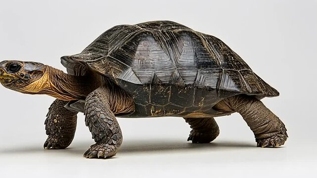 Close-up of a tortoise on a plain background showcasing its shell