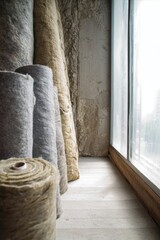 Industrial insulation rolls by window in warehouse interior