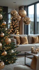 Gold Christmas ornaments on tree, luxury living room