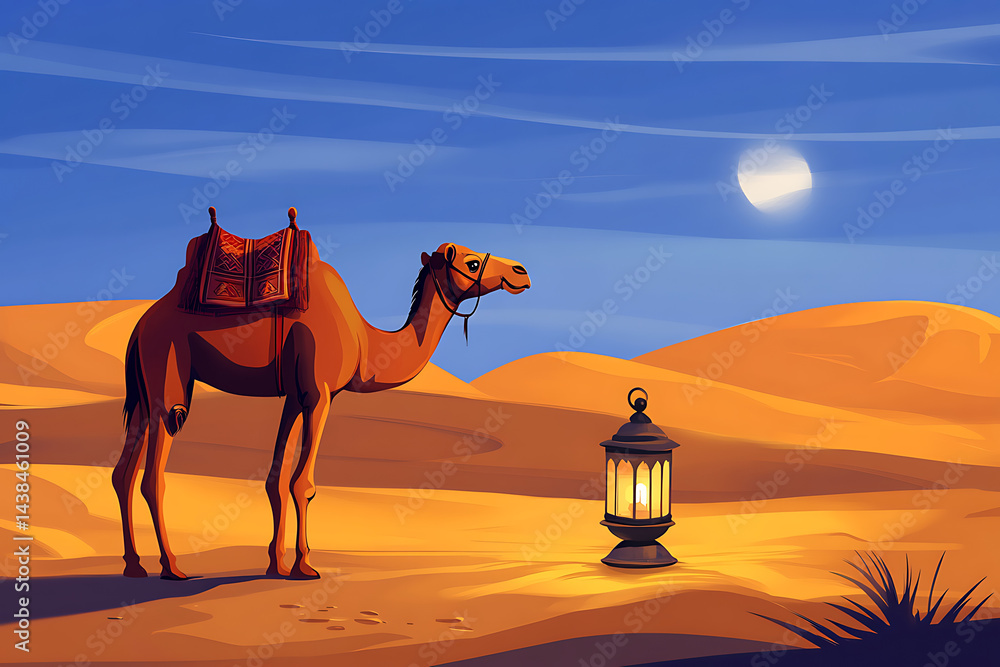 Poster camel standing in a desert at dusk, illuminated by a lantern under a crescent moon