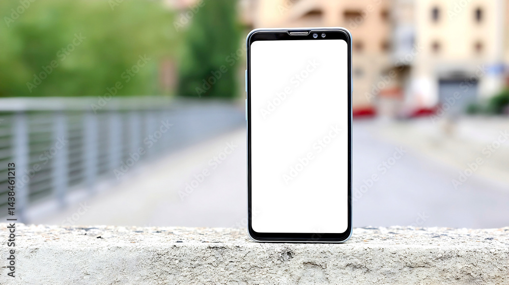 Aufkleber Blank smartphone display on a ledge with a soft blurred urban background for mockup purposes : Generative AI