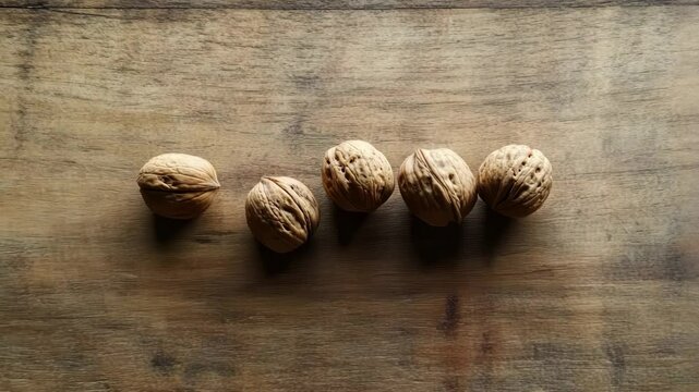 Walnuts rolling on wooden surface: movement and balance in natural setting