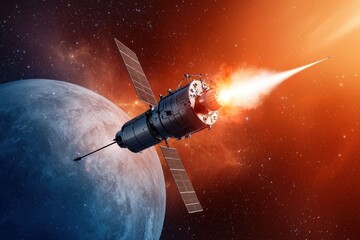 Naklejka premium Spacecraft Launching Into Orbit Surrounding Planet in Cosmic Setting