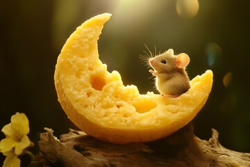 A moon made of cheese with a small mouse sitting on top.