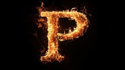 Fiery letter P, abstract design, black background, graphic design element