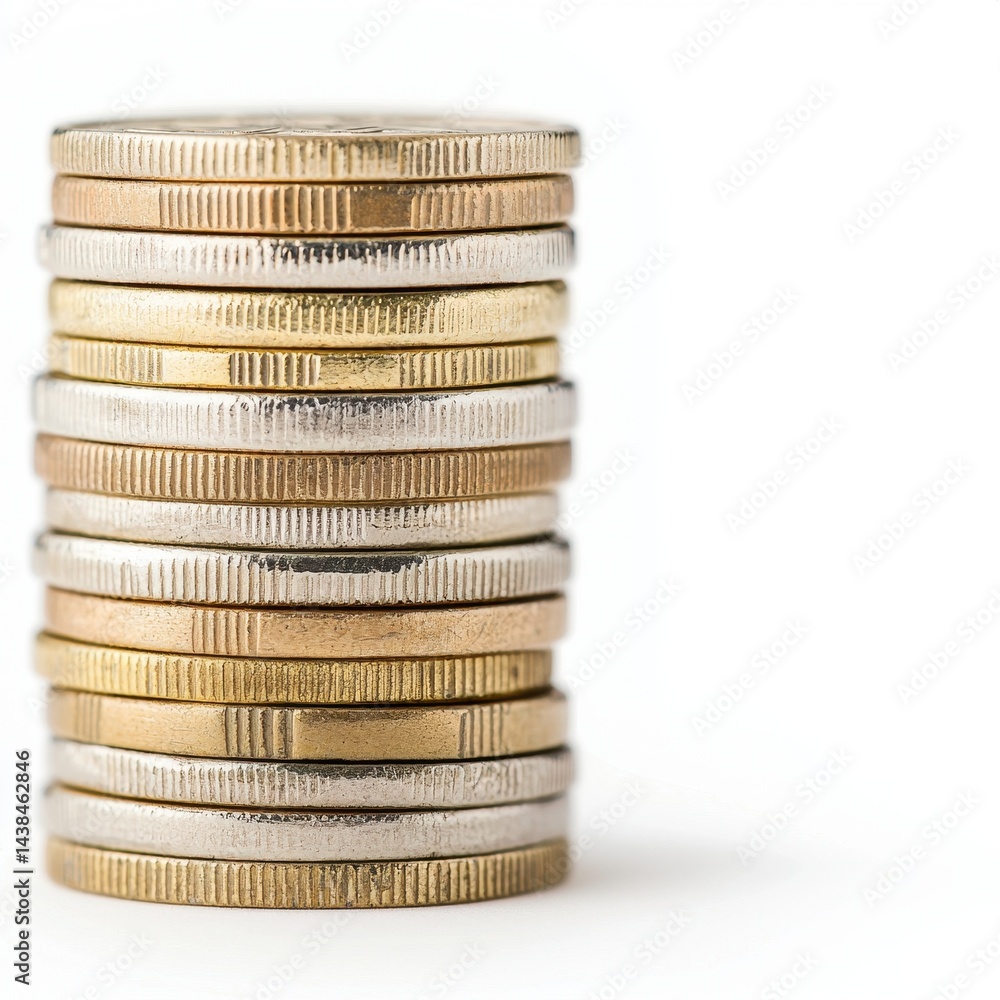 Poster stacked coins in various colors and textures on light background