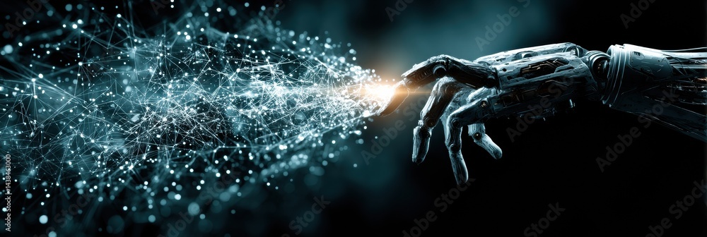 Poster robotic hand reaching toward glowing data stream in a dark futuristic environment