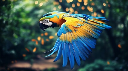 Fototapeta premium Colorful parrot with spread wings flying in a lush green forest
