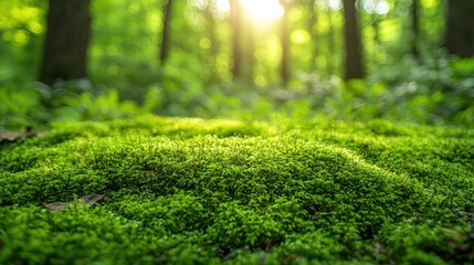 Fototapeta premium Mossy forest floor illuminated by sunlight