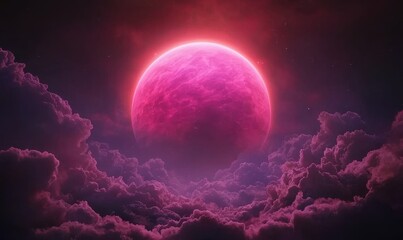 Fototapeta premium Vibrant Pink Planet Surrounded by Dreamy Colorful Clouds at Night