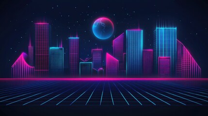 Neon City Skyline with Planet Earth and Starry Night Background