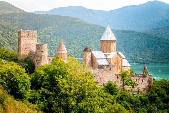 Horizontal photograph of Anaruri Fortress Complex and monastery near Tbilisi, Georgia, on a sunny day. Ideal for travel brochure, magazine cover, poster.