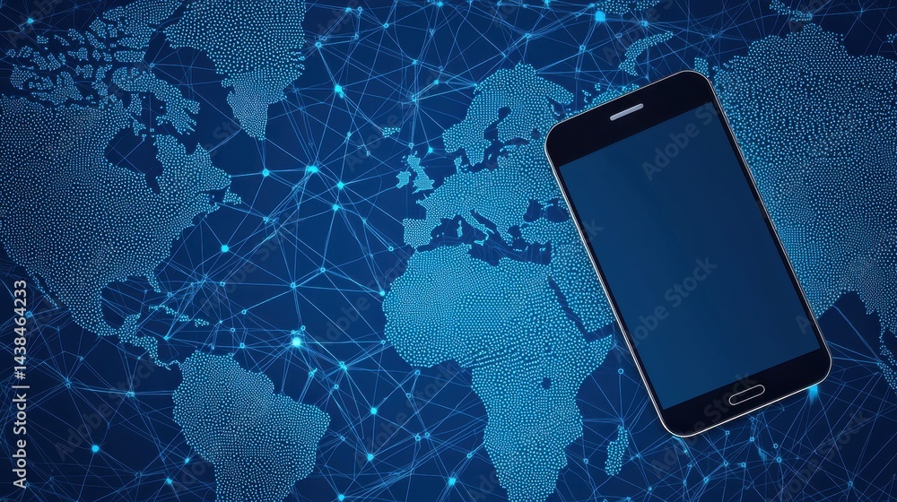 Poster global connectivity concept with smartphone and world map background