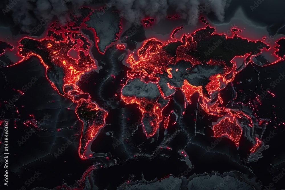 Poster illuminated world map with a dark background and red outlines.