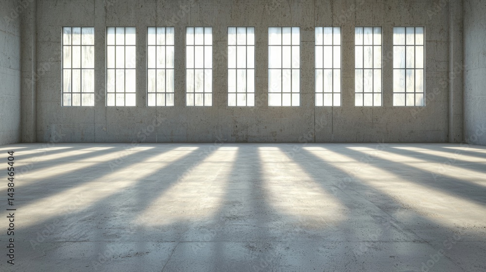 Poster a large empty room with concrete walls and floor, featuring a row of six windows.