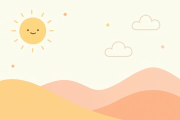 Minimalist Cute Background with Happy Sun and Soft Hills