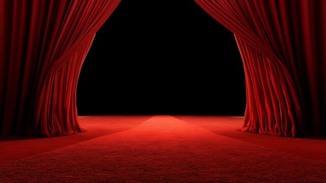 A dramatic stage with red curtains pulled apart, inviting anticipation for a captivating performance.