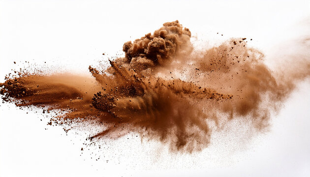 deep brown powder dust explosion on white background