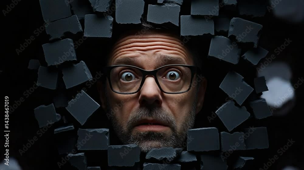 Poster man with glasses peering through a broken wall surprised expression and dark background with fragmen