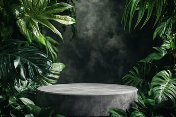 Empty round stone podium surrounded by lush greenery