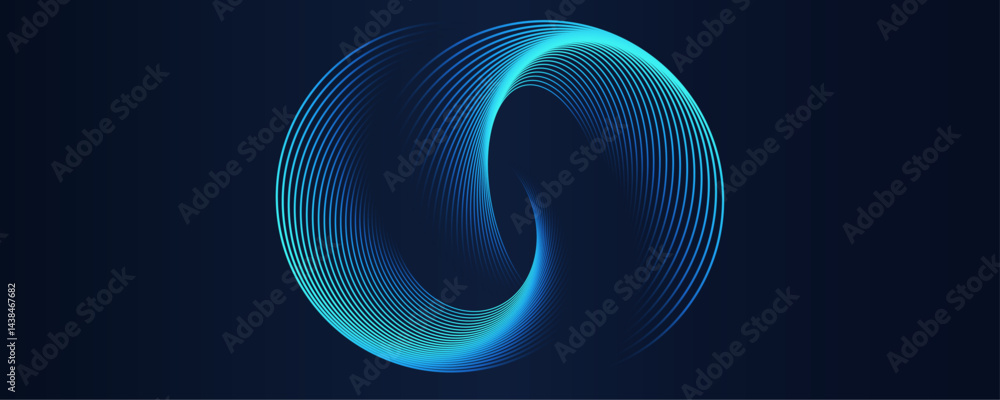 Poster Abstract circle line pattern spin blue green light isolated on black background in the concept of music, science, Ai technology, digital futuristic banner