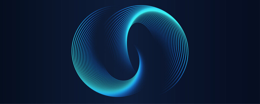 Abstract circle line pattern spin blue green light isolated on black background in the concept of music, science, Ai technology, digital futuristic banner