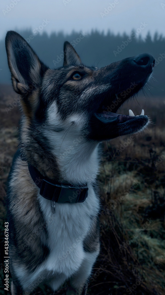 Poster majestic closeup of a lively dog captured in a misty landscape highlighting fur texture and expressi