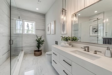   Sleek bathroom interior featuring glass wall, floating vanity, and clean white surfaces. 