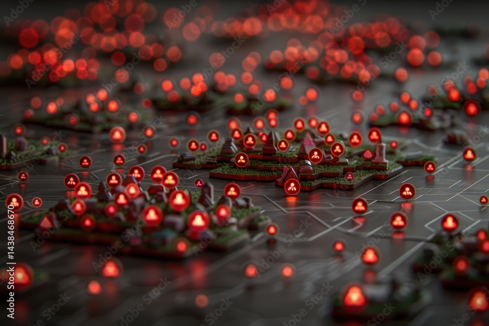 Poster abstract network with glowing red nodes on a dark surface.