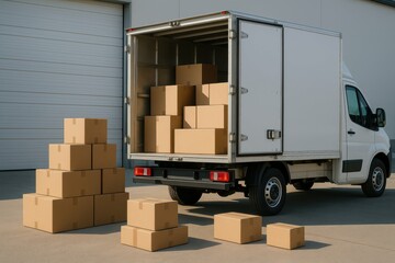 Delivery Truck with Boxes Ready for Shipment in Warehouse Setting