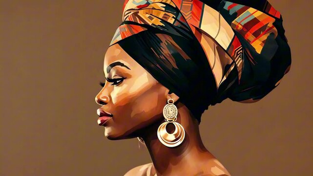 Elegant afro american woman in profile with patterned headwrap and golden earrings on warm brown background. Concept of cultural pride and timeless beauty