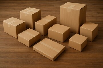Fototapeta premium Stacked Brown Parcels on Wooden Surface for Shipping and Storage