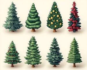 Fototapeta premium Twelve stylized Christmas trees, varying in color, shape, and decoration