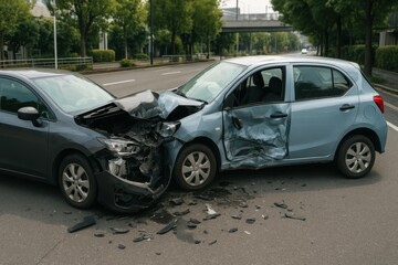 Naklejka premium Traffic Accident Scene with Damaged Vehicles on Urban Road