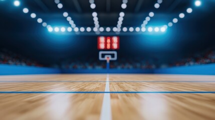 Basketball Court with Blurred Focus and Bright Stadium Lights