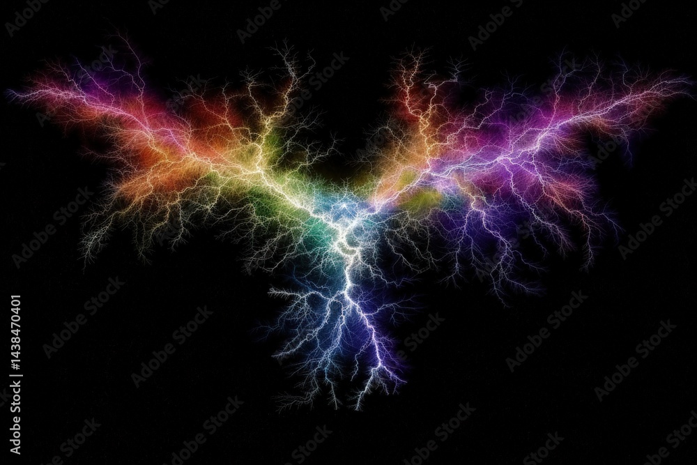 Poster fractal lightning design with colorful branches on a dark background.