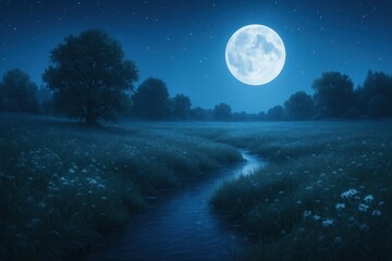 Tranquil Moonlit Meadow with Flowing Stream and Starry Sky