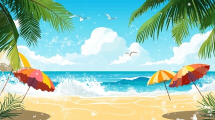 Obraz premium Beach vacation scene with colorful umbrellas tropical coastline digital art sunny day wide angle relaxation concept