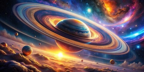 A celestial panorama featuring a vibrant, ringed planet in the foreground, with swirling nebulae, distant stars, and a sunrise casting warm hues across the sky.