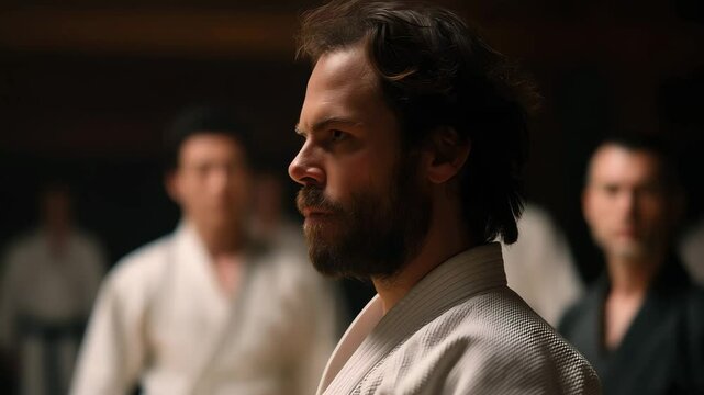 Intense martial arts training session with focused practitioners in traditional attire on a dojo floor.