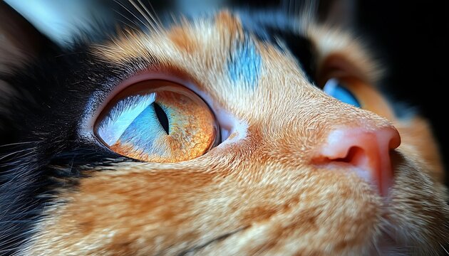Close-up of calico cat's face, striking eyes - Powered by Adobe