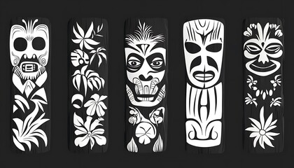 Five black-and-white Polynesian-style wood carvings